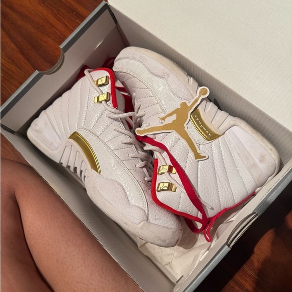 Jordan Women's Sneakers in White and Gold with Red Accents - Picture 3 of 5